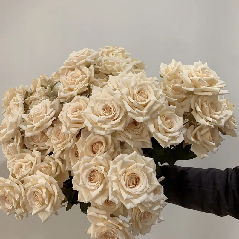 7 머리 장미 꽃다발 인공 꽃 베이지 아이보리 빈티지 로즈 거실 마른 꽃 장식 결혼식