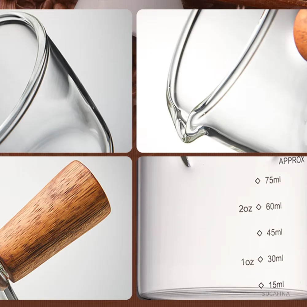 75ML 나무 손잡이 규모 유리 커피 측정 컵 에스프레소 우유 라떼 투명 주방 커피 액세서리 바리 스타 도구