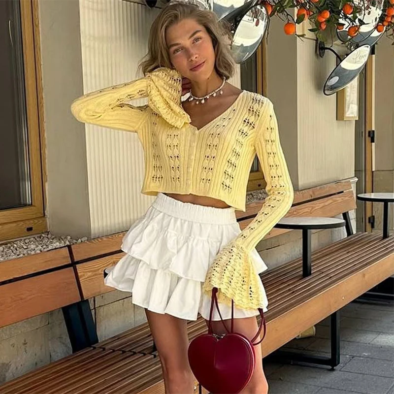 Trendix 여름 니트 긴 소매 카디건 여성용 V 넥 솔리드 Bodycon Hollow Out Short Tops 파티 클럽 Slim Vacation Top Femme title=Trendix 여름 니트 긴 소매 카디건 여성용 V 넥 솔리드 Bodycon Hollow Out Short Tops 파티 클럽 Slim Vacation Top Femme 