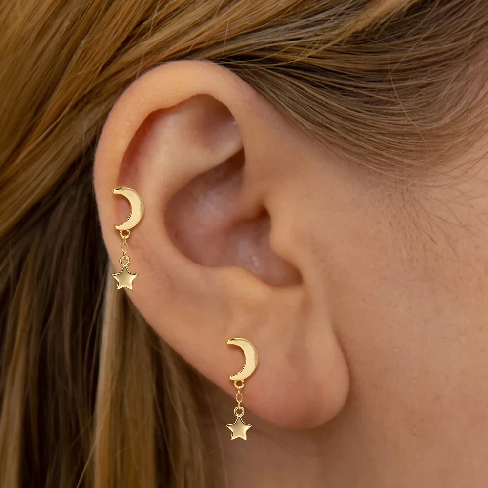 CANNER 1Pc 925 실버 부드러운 별 문 스터드 귀걸이 여성을위한 18K 골드 플랫 헤드 스레드 펑크 귀 뼈 Ins 파인 쥬얼리