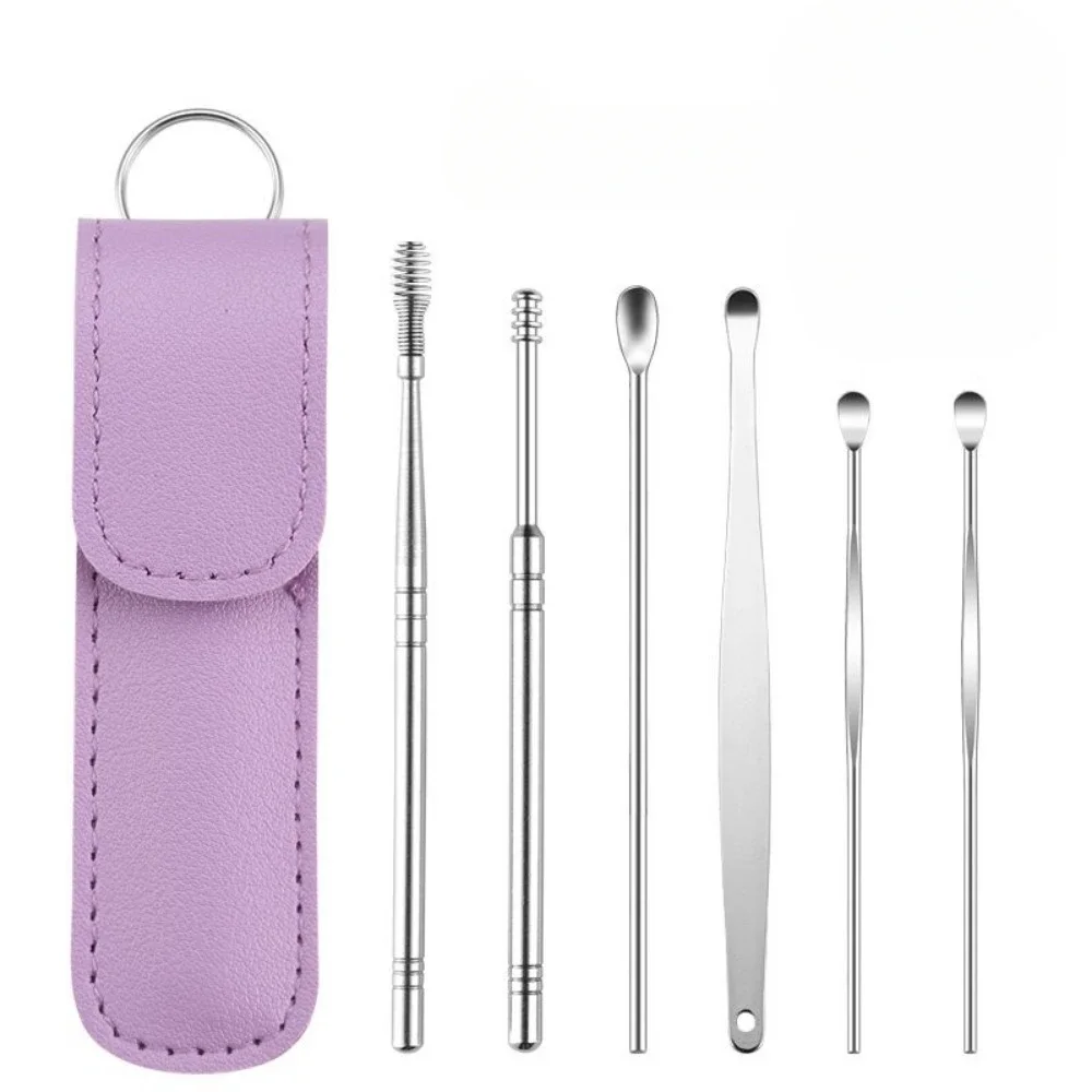 스테인레스 스틸 귀 파기 숟가락 가죽 커버 6pc 클리너 특종 양방향 나선형 청소 건강 관리 귀 따기 도구 세트