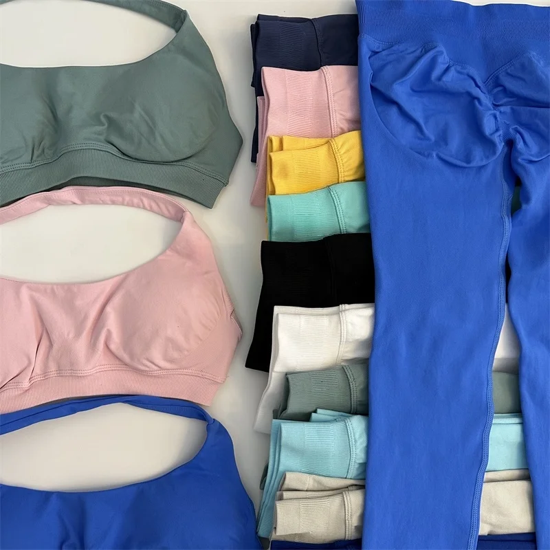 여성용 노로고 요가 레깅스 세트, 심리스 요가 세트, 스크런치 엉덩이 레깅스 세트, 홀터 크롭탑 포함 운동복