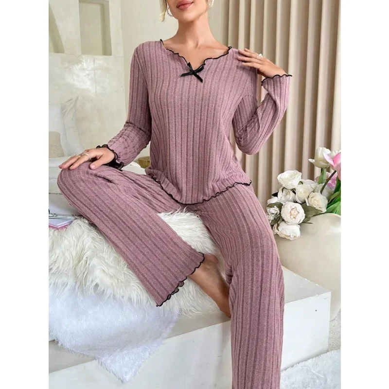 여성 가을 ​​겨울 잠옷 늑골이있는 잠옷 세트 긴 소매 탑과 긴 바지 2 조각 세트 캐주얼 Homewear Loungewear