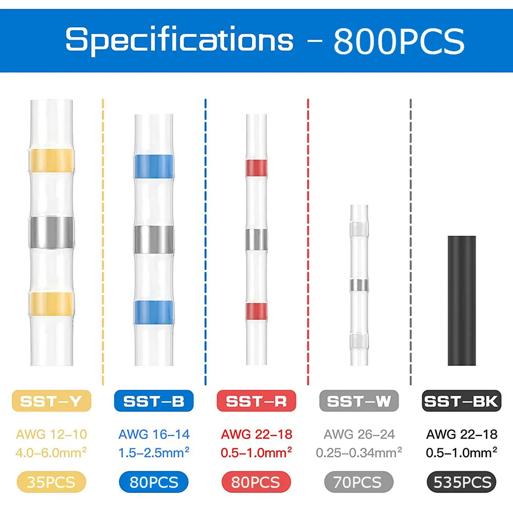 800/400/50PCS 열 수축 버트 방수 솔더 씰 와이어 케이블 스플 라이스 터미널 키트 압착 단자 뜨거운 공기 총으로 전기
