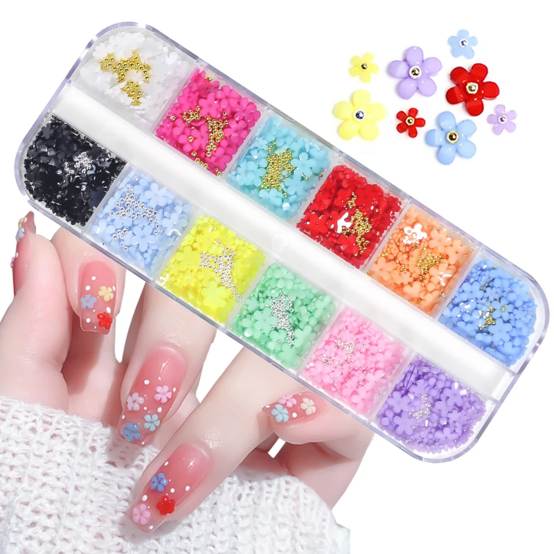 3D 아크릴 꽃 네일 아트 장식, 골드 실버 비즈, 색상 변경 네일 참, 럭셔리 라인스톤 용품 액세서리