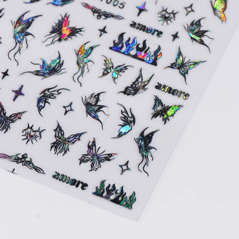 1PCS 블랙 화이트 나비 레이저 네일 스티커 Y2K 네일 아트 장식 추상 라인 손톱에 대 한 브론 징 꽃 스티커