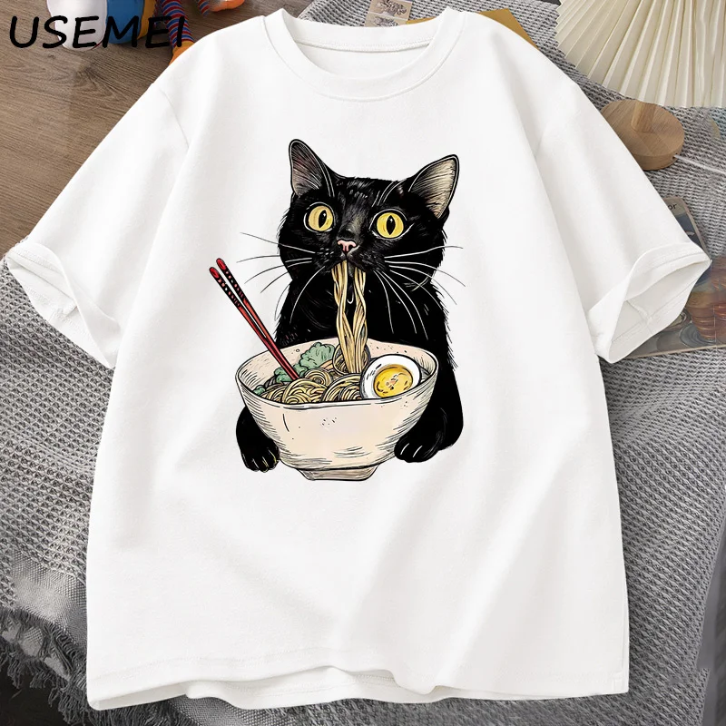 국수라면 고양이 티셔츠 Foodie Lover T 셔츠 검은 고양이 국수 티셔츠 레트로 캐주얼 반소매 Tshirt 남성 여성 의류