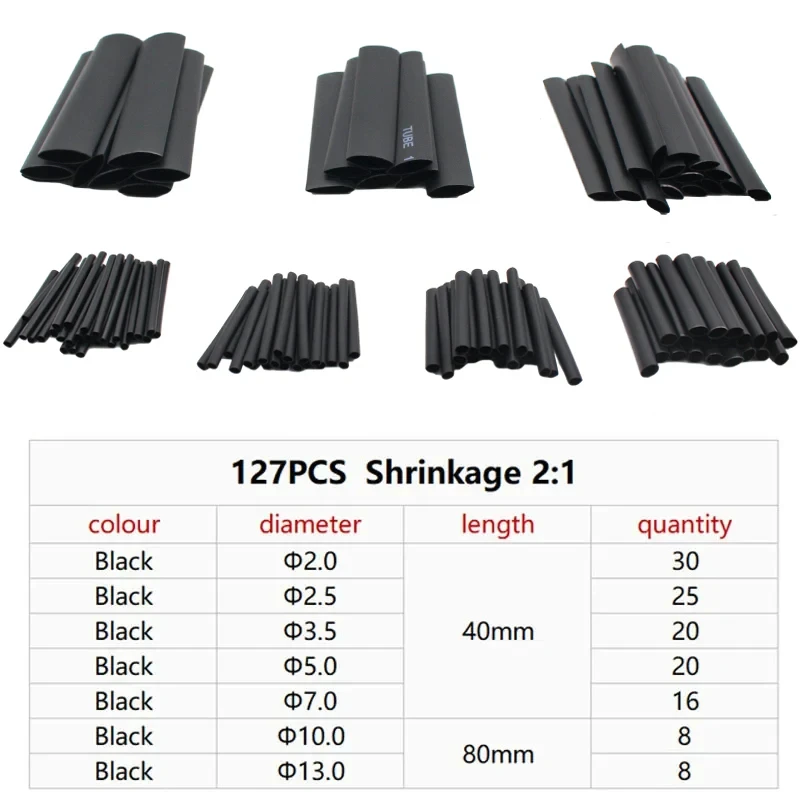 127Pcs 열 수축 튜브 슬리브 튜브 구색 키트 전기 연결 전기 와이어 랩 케이블 방수 수축 2:1