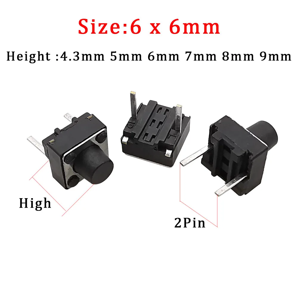 마이크로 촉각 스위치 순간 택트 딥 스위치, 2 핀, 6x6mm, 마이크로 터치 푸시 버튼 스위치, 높이 5mm, 6mm, 7mm, 8mm, 9mm, 20 개, 50 개, 100 개