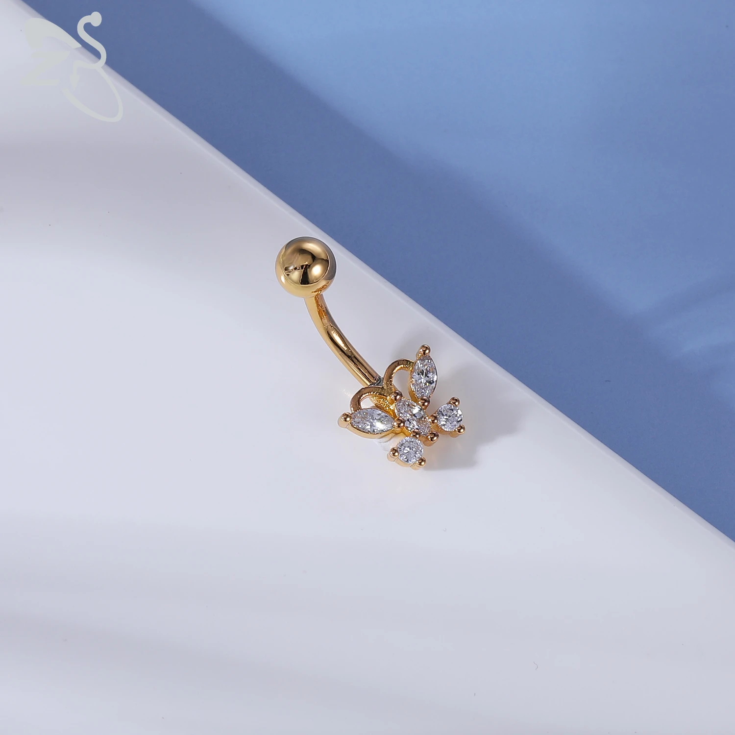 ZS 1 조각 골드 컬러 스테인레스 스틸 배꼽 반지 플라워 하트 CZ 크리스탈 배꼽 배꼽 반지 나비 배꼽 피어싱 14G