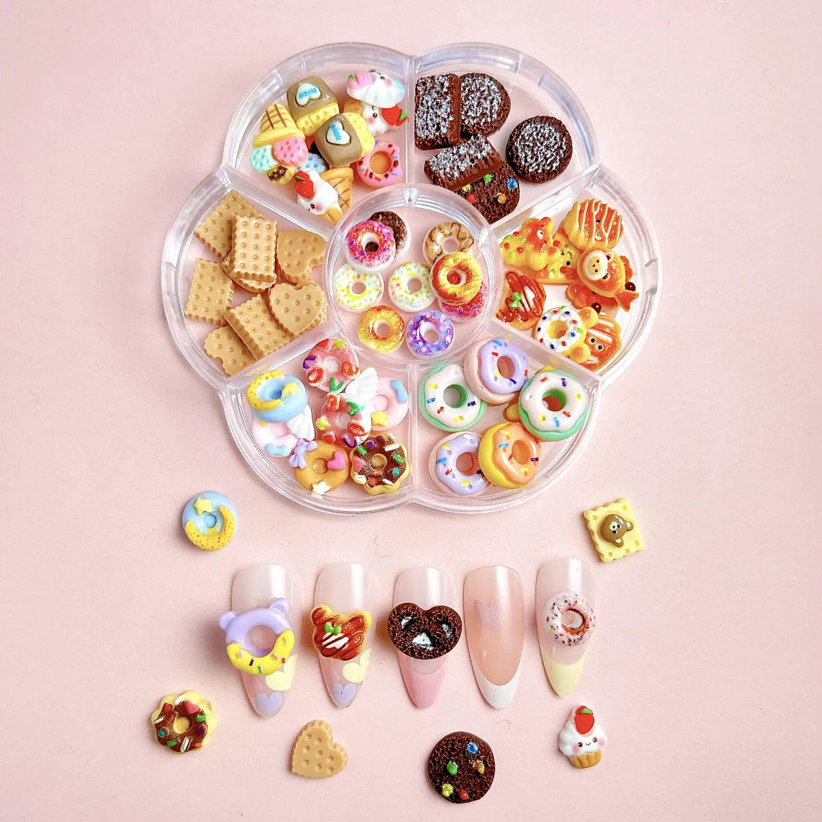 1 상자 혼합 귀여운 시뮬레이션 디저트 캔디 나비 네일 아트 장식 3D 수지 만화 고양이 물고기 곰 네일 참 용품