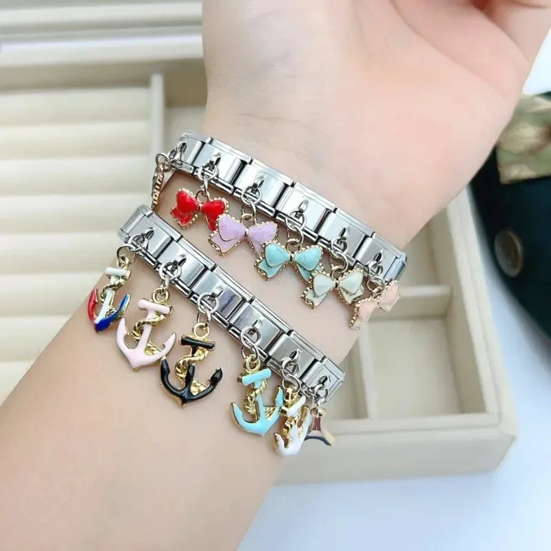 2025 신상 인기 보우 앵커 펜던트 탄성 참 이탈리안 링크 9mm 모듈형 팔찌 만들기 DIY 쥬얼리 대량