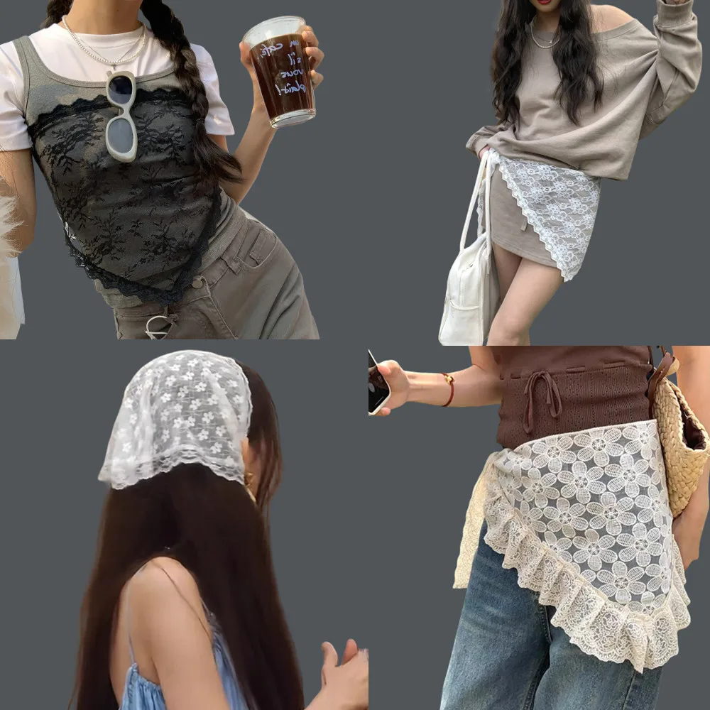 이중 용도 레이스 트림 헤어 스카프 이른 봄 엉덩이 커튼 작은 앞치마 a 라인 하프 스커트 패션 인 스타일 쌓인 짧은 스커트