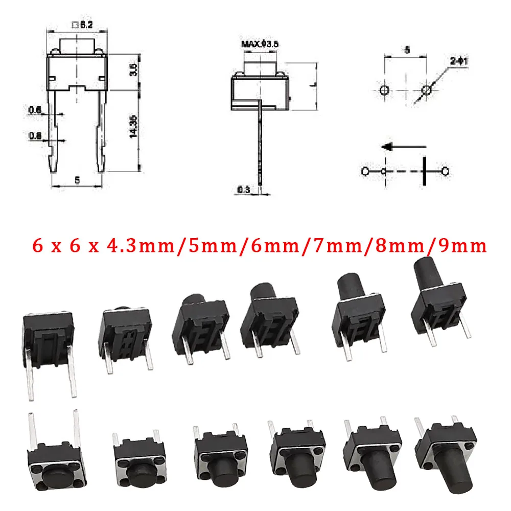 마이크로 촉각 스위치 순간 택트 딥 스위치, 2 핀, 6x6mm, 마이크로 터치 푸시 버튼 스위치, 높이 5mm, 6mm, 7mm, 8mm, 9mm, 20 개, 50 개, 100 개