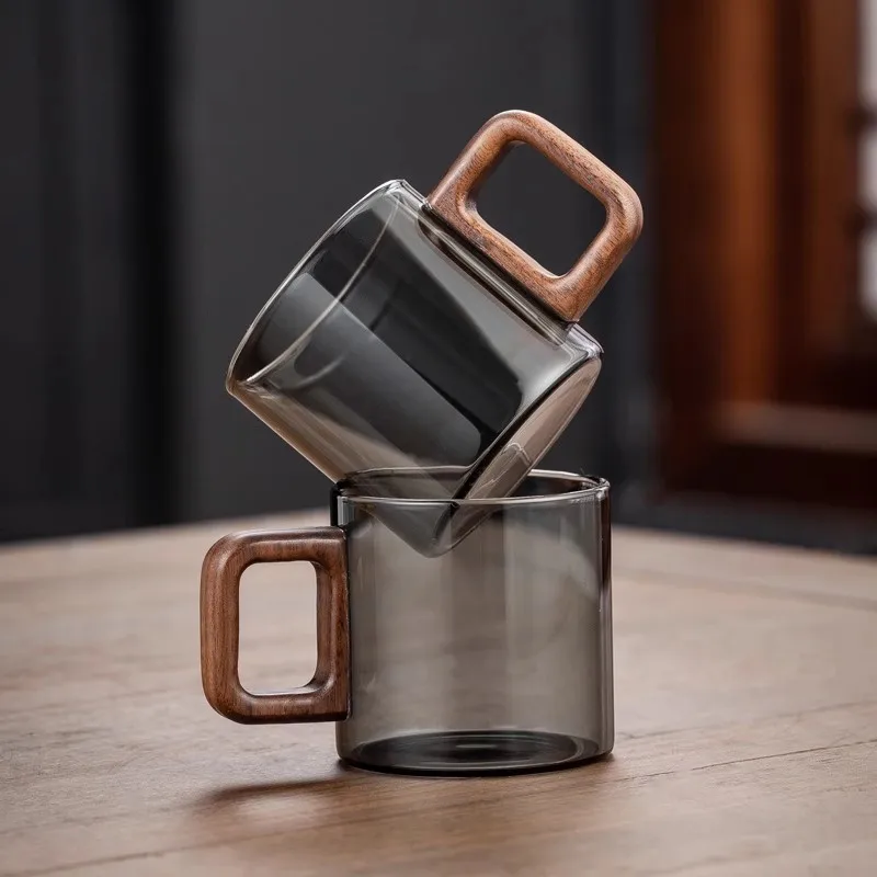 YWDL 유리 나무 단층 컵 높은 붕규산염 Pyrex 차 컵 대용량 식수 커피 컵