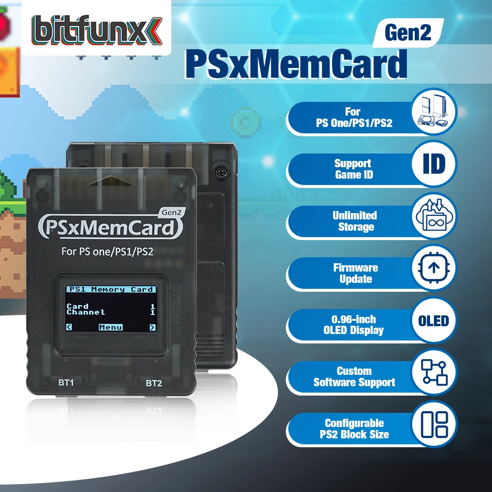 Bitfunx PSxMemCard Gen2 Sd2psXtd는 PlayStation1 PS one Playstation2 게임 콘솔용 PS1 및 PS2 게임용 저장 파일을 저장합니다.