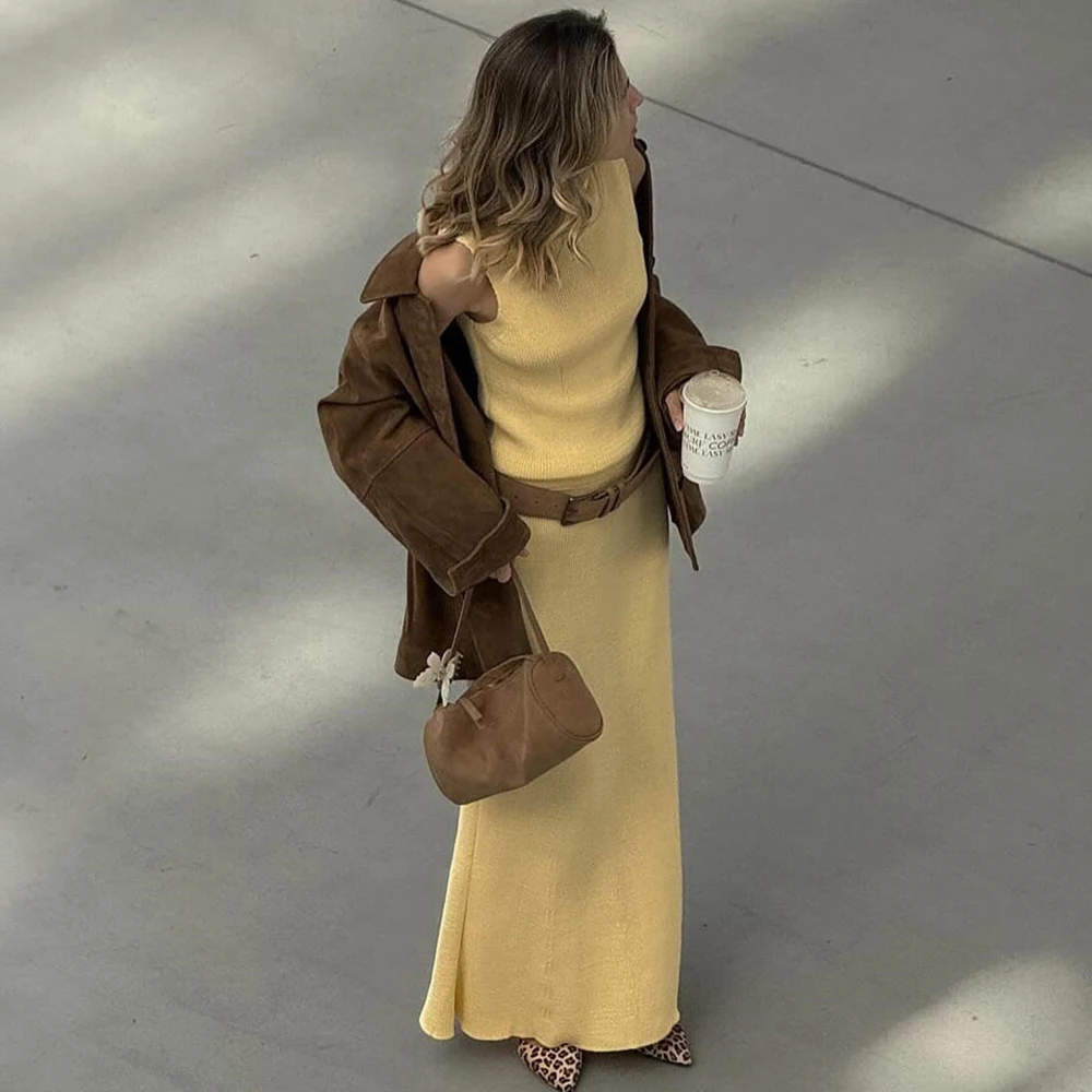 Tuularose 우아한 롱 스커트 투피스 세트 여성 민소매 니트 터틀넥 조끼 슬림 스커트 세트 2025 새로운 패션 스커트 세트