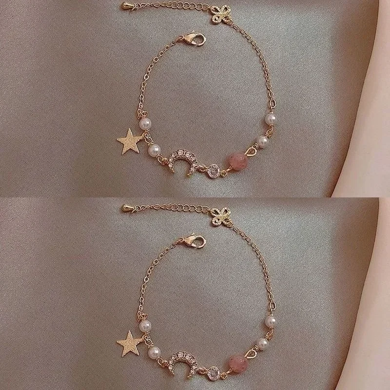여성용 골드 컬러 지르콘 스타 문 진주 팔찌, 심플한 기하학적 패션, 매력적인 체인 팔찌, 우아한 보석 선물