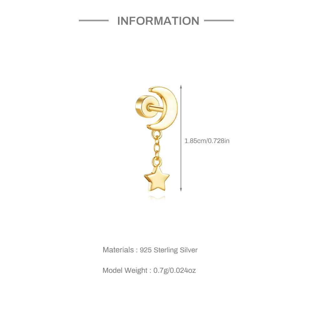 CANNER 1Pc 925 실버 부드러운 별 문 스터드 귀걸이 여성을위한 18K 골드 플랫 헤드 스레드 펑크 귀 뼈 Ins 파인 쥬얼리