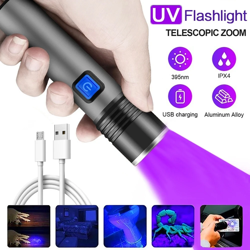 USB 충전식 365nm UV 손전등 알루미늄 휴대용 자외선 토치 블랙 라이트 애완 동물 소변 감지기 블랙 손전등 title=USB 충전식 365nm UV 손전등 알루미늄 휴대용 자외선 토치 블랙 라이트 애완 동물 소변 감지기 블랙 손전등