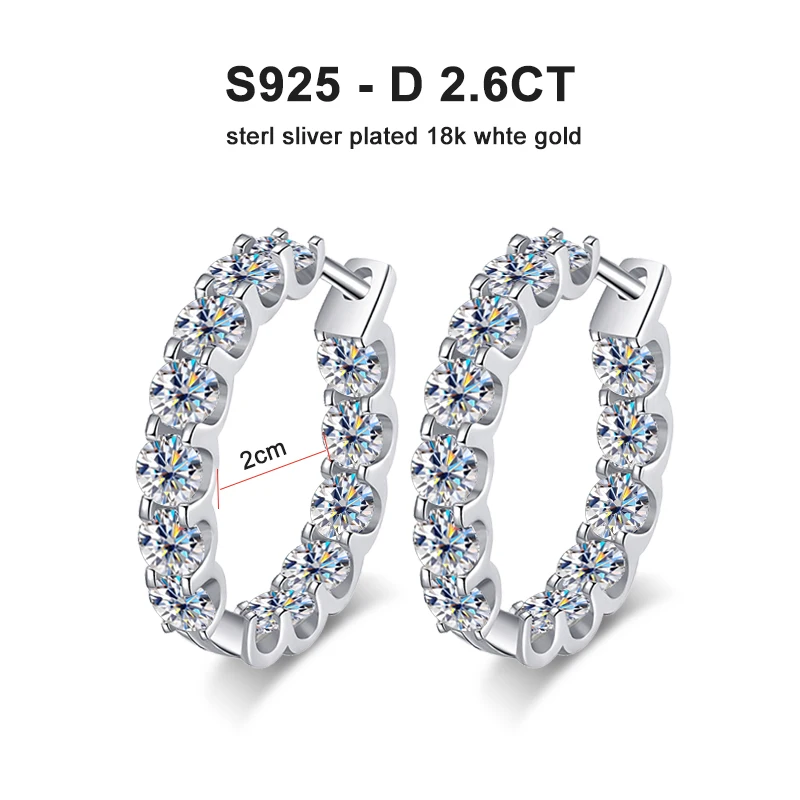 KNOBSPIN 2.6ct D 컬러 Moissanite 귀걸이 여성을위한 925 스털링 슬라이버 도금 화이트 골드 후프 귀걸이 웨딩 파티 쥬얼리