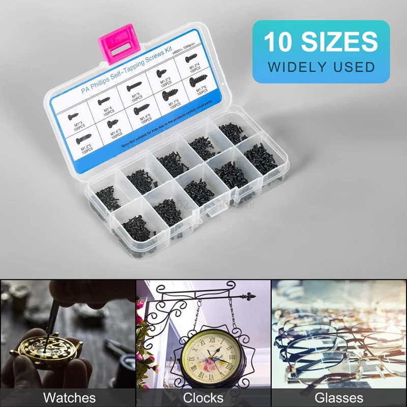 500/1000 개/대 M1 M1.2 M1.4 M1.7 믹스 Pa 필립스 헤드 마이크로 나사 둥근 머리 셀프 태핑 전자 소형 나무 나사 키트