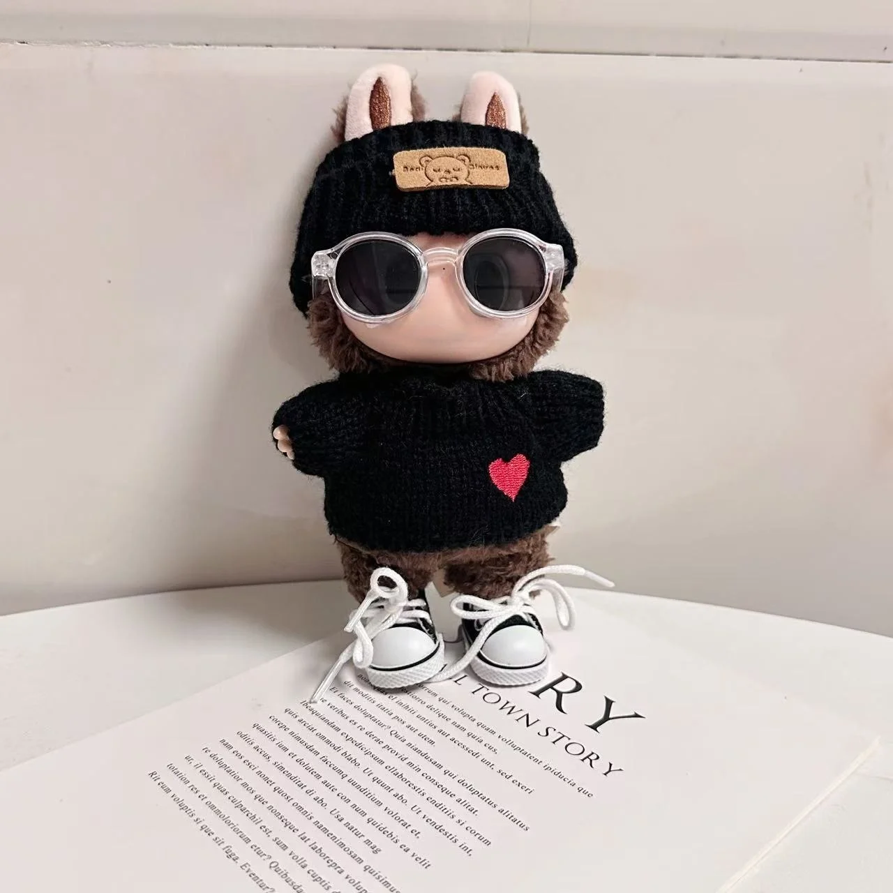 17cm 라푸푸 인형 의류 몬스터 복장 액세서리 앉아 파티 라푸푸 편지 모자 러브 스웨터 캐주얼 신발