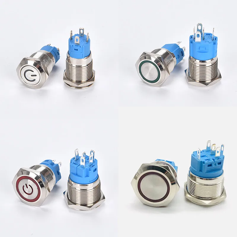 12 16 19 22mm 방수 금속 푸시 버튼 스위치 LED 조명 순간 래치 자동차 엔진 전원 스위치 5V 12V 24V 220V 빨간색 파란색