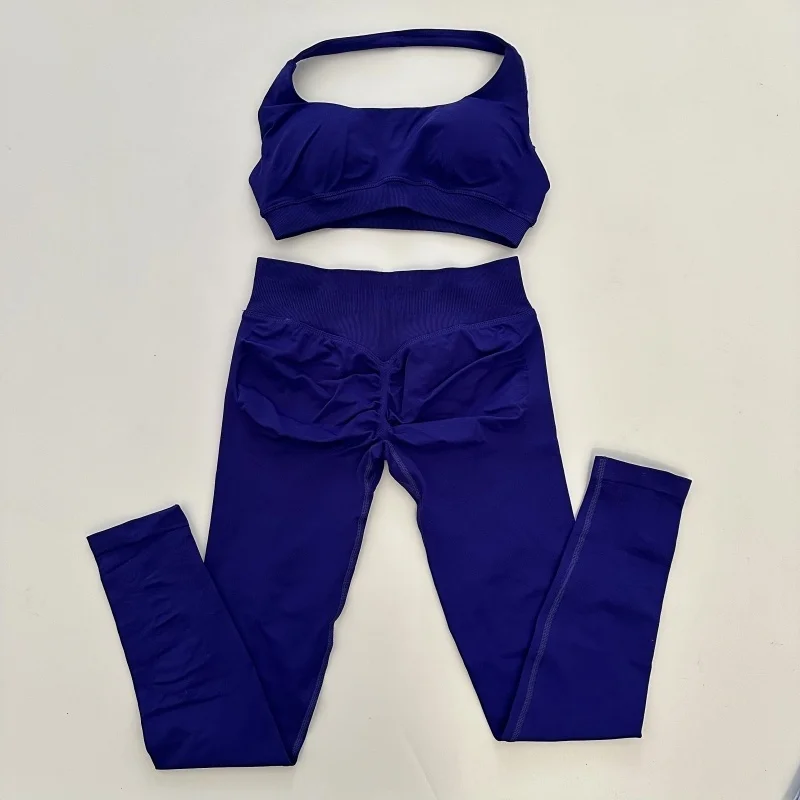 여성용 노로고 요가 레깅스 세트, 심리스 요가 세트, 스크런치 엉덩이 레깅스 세트, 홀터 크롭탑 포함 운동복