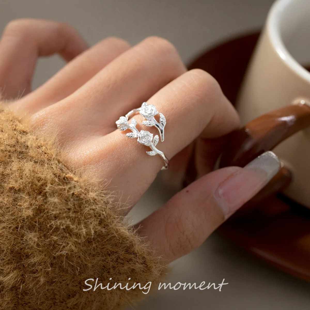 925 스털링 실버 장미 지점 여성을위한 조절 가능한 반지 약혼 결혼식 여성 럭셔리 주얼리 액세서리 보석