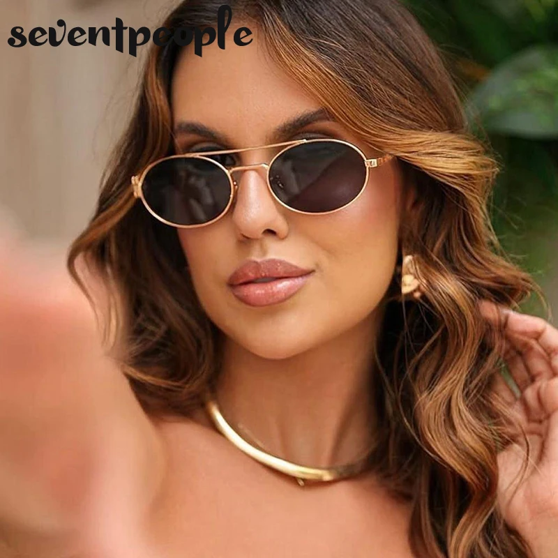 여성용 작은 타원형 금속 프레임 스팀펑크 선글라스, 2025 럭셔리 브랜드, 빈티지 더블 빔 쉐이드, 클래식 라운드 펑크 아이웨어