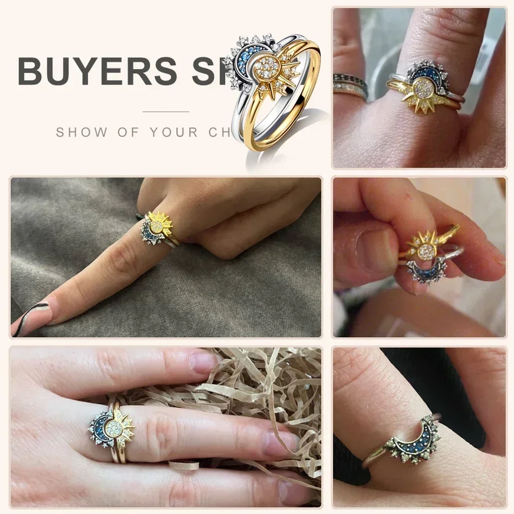 원래 925 스털링 실버 레드 핑크 반지 하트 보우 썬 문 여성을위한 화려한 크리스탈 발렌타인 생일 선물 DIY 쥬얼리