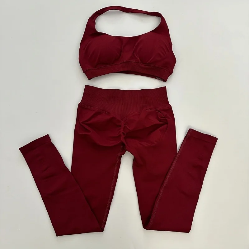 여성용 노로고 요가 레깅스 세트, 심리스 요가 세트, 스크런치 엉덩이 레깅스 세트, 홀터 크롭탑 포함 운동복