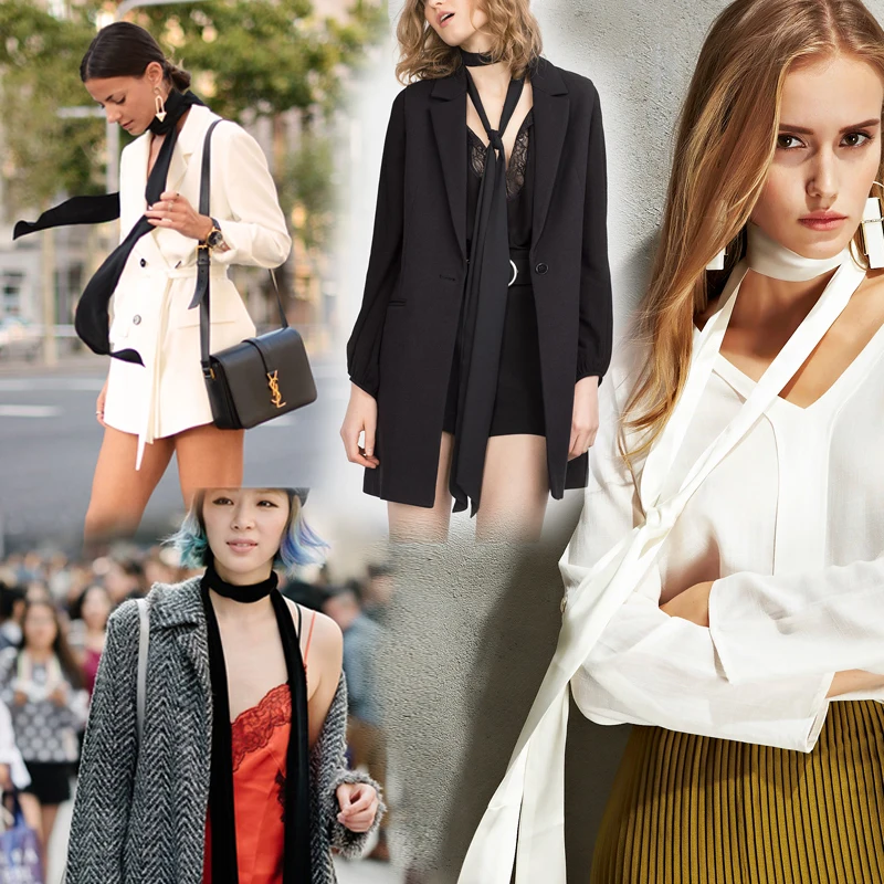 5X190CM 여성 좁은 롱 스카프 190x5cm 솔리드 컬러 쉬폰 실크 고무 레드 타이 블랙 가방 리본 머리띠 초커 스 트리머