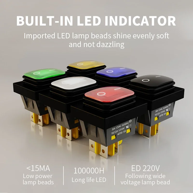 헤비 듀티 4 핀 DPST IP67 밀폐 방수 T85 자동 보트 해양 토글 로커 스위치, LED 포함, 30A, 250V, 12V, 220V, 30x22