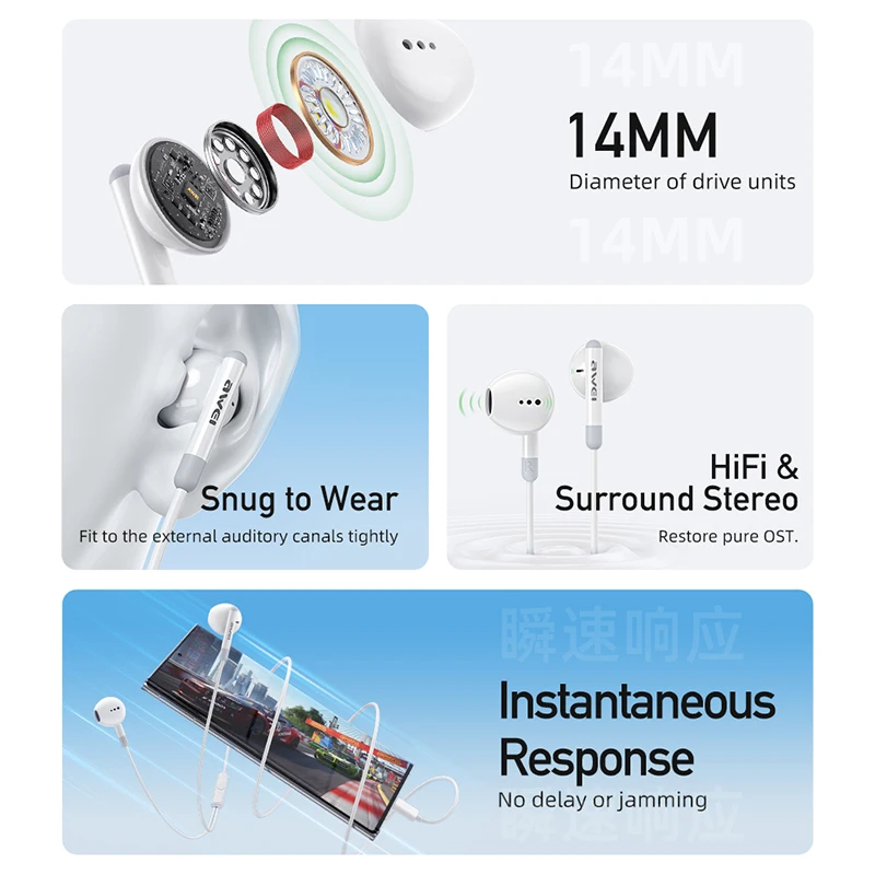 Awei 유선 헤드폰 인이어 헤드셋, 마이크 포함, 볼륨 조절, 모든 휴대폰과 호환 가능