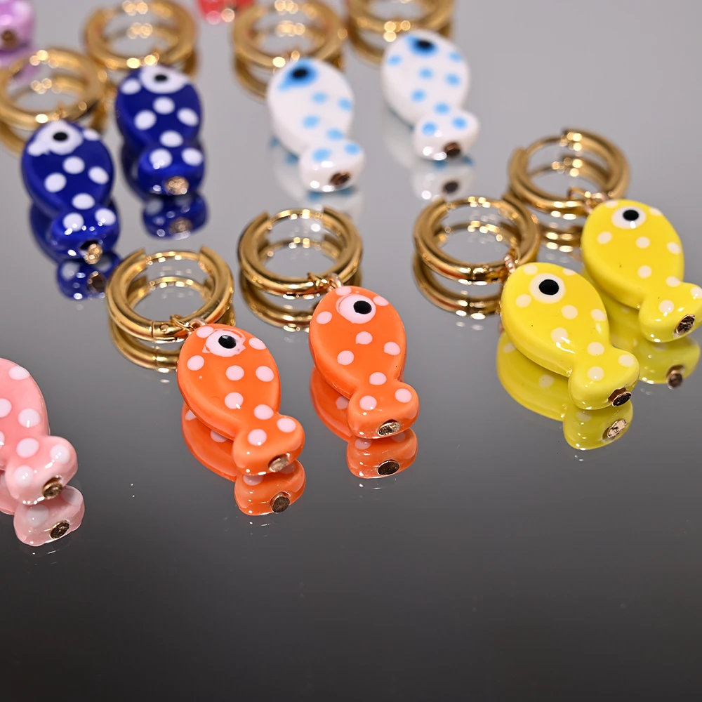 여성용 세라믹 물고기 펜던트, 황금 스테인레스 스틸 후프 귀걸이, 이어 버클 쥬얼리 액세서리, 패션