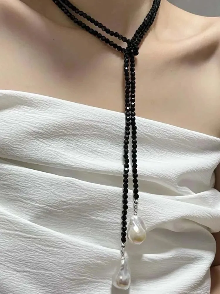 여성을위한 레트로 외계인 불규칙한 바로크 진주 펜던트 목걸이 빈티지 그린 블랙 크리스탈 구슬 긴 목걸이 목 체인 쥬얼리
