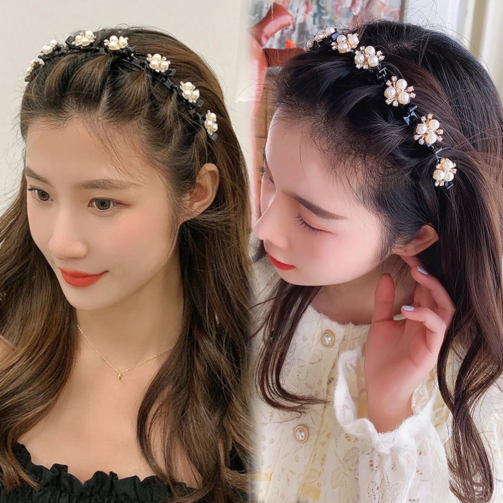 더블 레이어 밴드 클립 Hairbands 패션 플라스틱 땋은 머리띠 펑크 새로운 뜨개질 여자 모자를 쓰고 있죠 헤어 액세서리 진주
