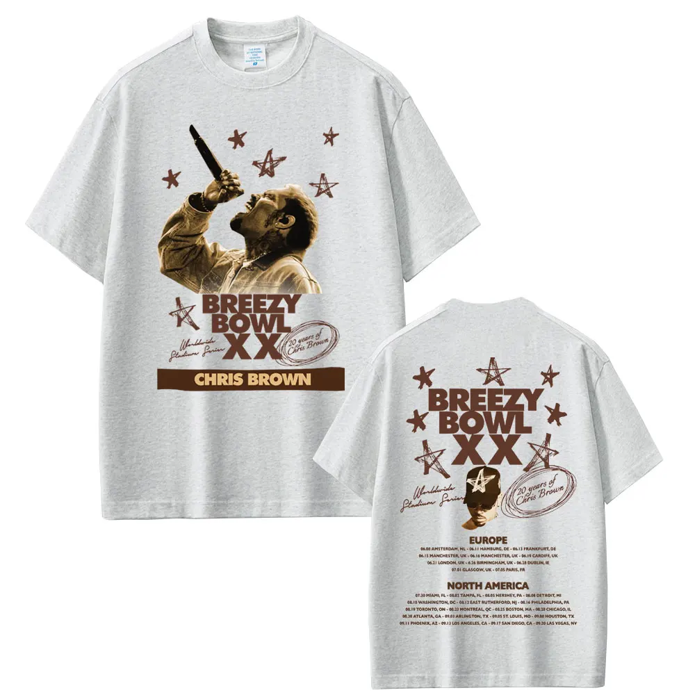 랩퍼 크리스 브라운 Breezy Bowl XX 투어 2025 티셔츠 남성 여성 힙합 패션 팝 음악 티셔츠 캐주얼 코튼 빈티지 티셔츠