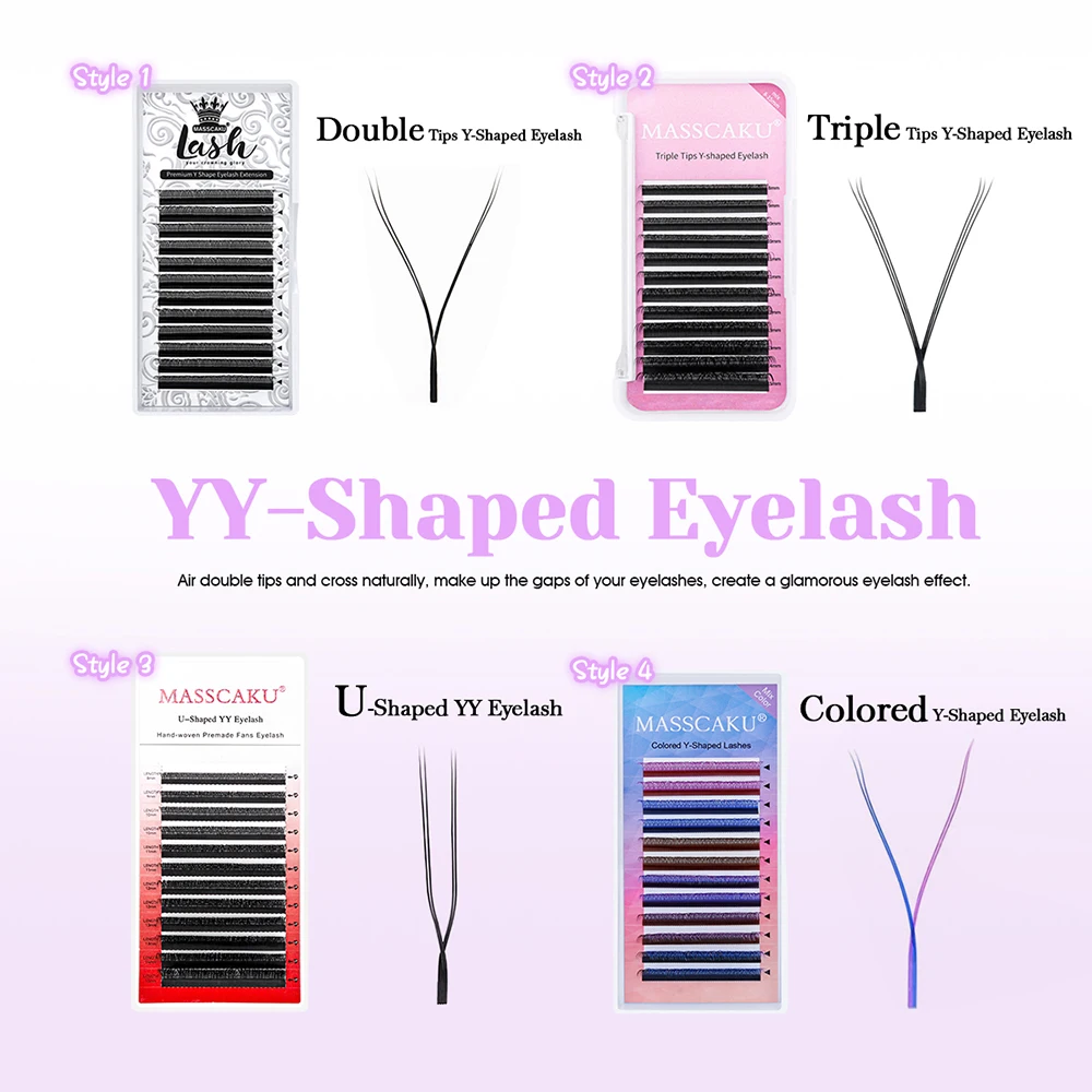 MASSCAKU U 모양 YY 가짜 속눈썹 8-15mm 믹스 C D 컬 더블 팁 속눈썹 확장 Hand-wen 개별 속눈썹 도매