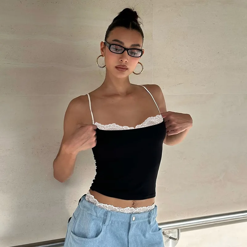 암호 레이스 트림 캐미솔 상의, 클럽 파티 의상, 백리스 스트리트웨어, 민소매 크롭탑, 코케트 의류, 여름