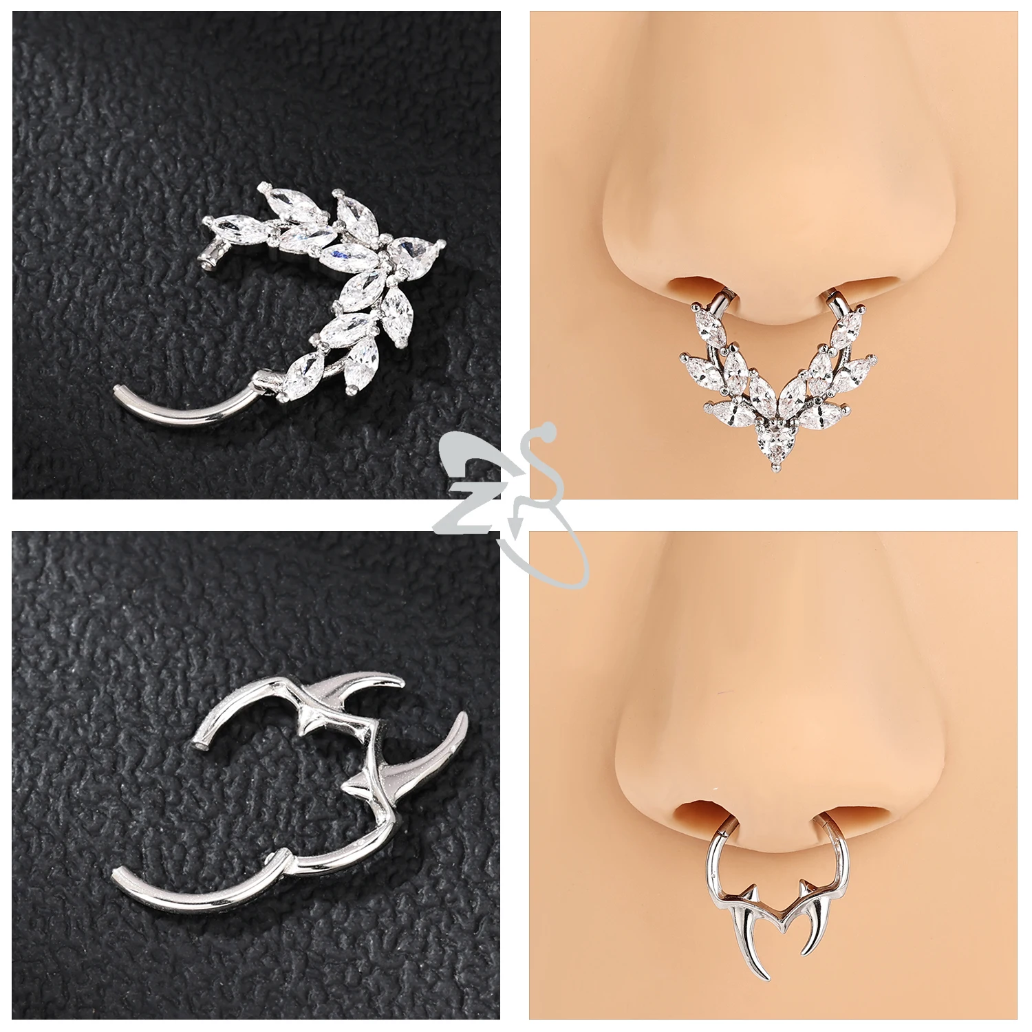 ZS 1PC 핑크 크리스탈 코 피어싱 실버 컬러 Septum 링 316L 스테인레스 스틸 코 리모콘 귀 헬릭스 연골 피어싱 16G