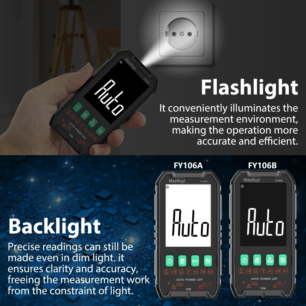 MASTFUYI 전문 디지털 멀티미터 600V/4A AC/DC 전압 전류 True RMS 자동 범위 볼트/앰프/옴/커패시턴스 테스터 도구