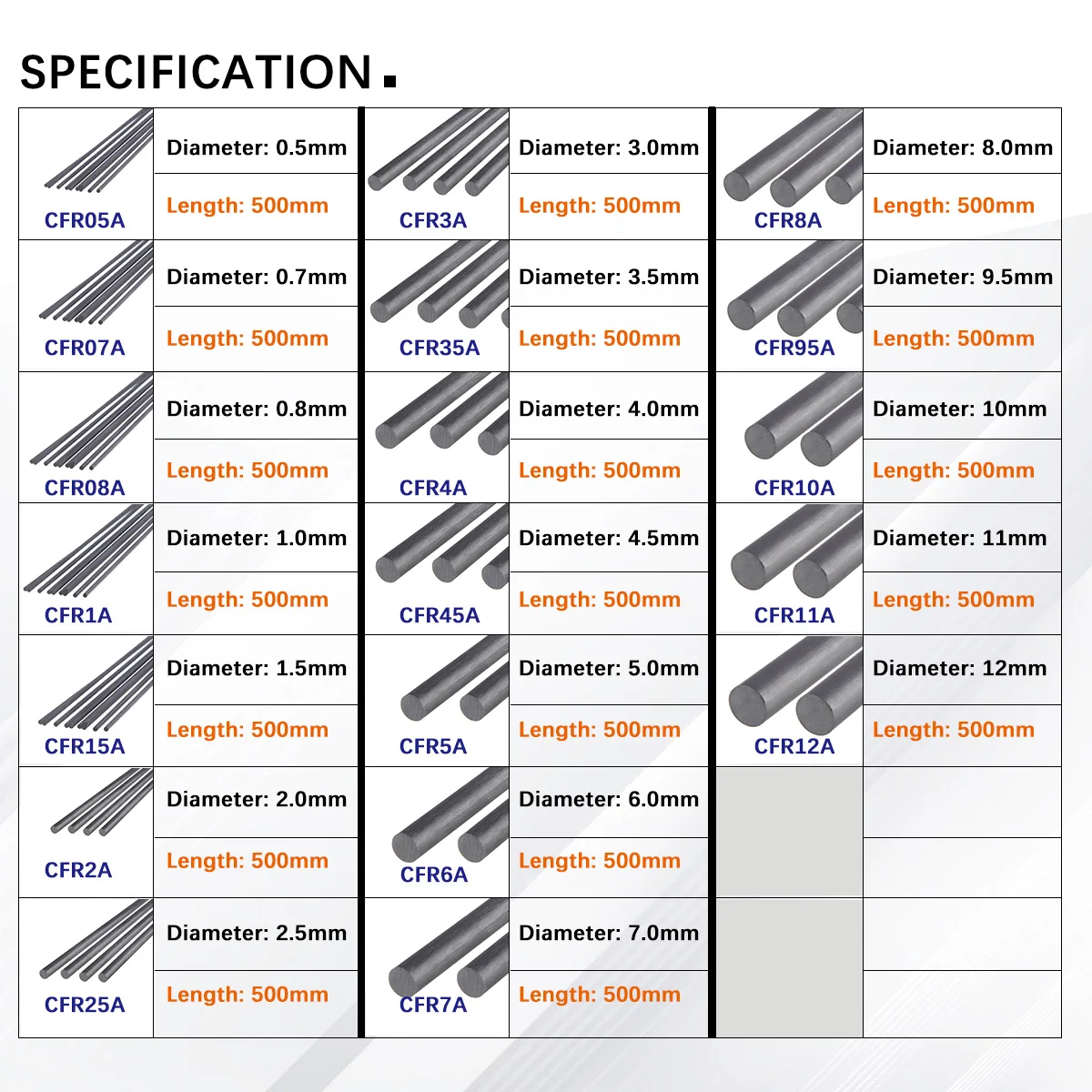RC 모델 또는 DIY용 탄소 섬유 솔리드 로드 직경 0.5mm~12mm 원통형 탄소 샤프트