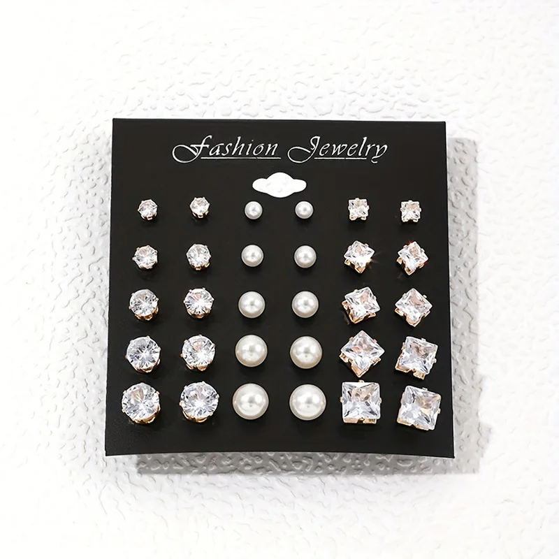 남성과 여성 모두의 일상 착용에 적합한 레트로 진주 기하학 6개 발톱 크리스탈 지르콘 귀걸이 세트 15쌍