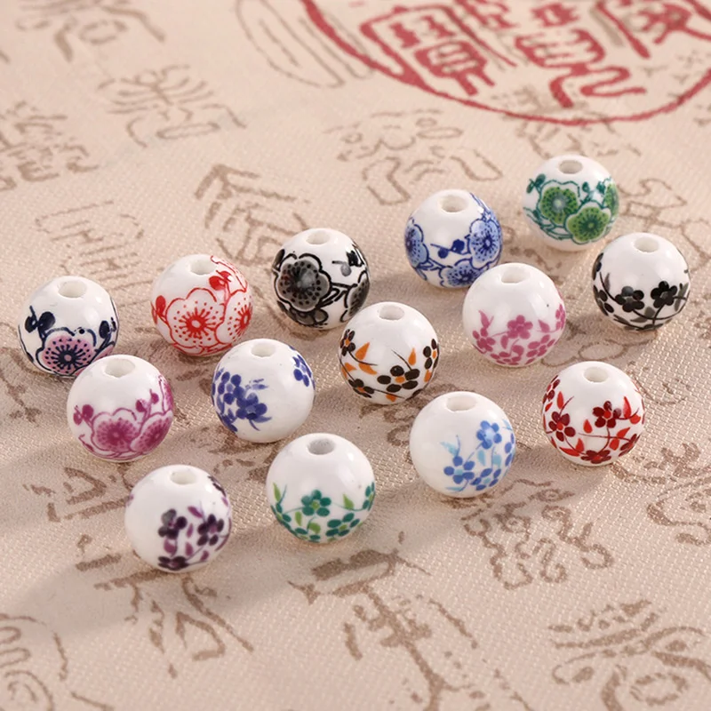 10pcs 라운드 6mm 8mm 10mm 12mm 꽃 패턴 세라믹 도자기 느슨한 스페이서 비즈 쥬얼리 만들기 DIY 팔찌 결과 만들기