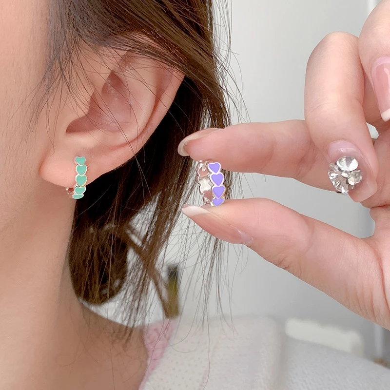 새로운 925 스털링 실버 여성 패션 쥬얼리 하트 다채로운 물방울 접착제 우아한 후프 귀걸이 소녀 생일 선물 후크 귀 서클
