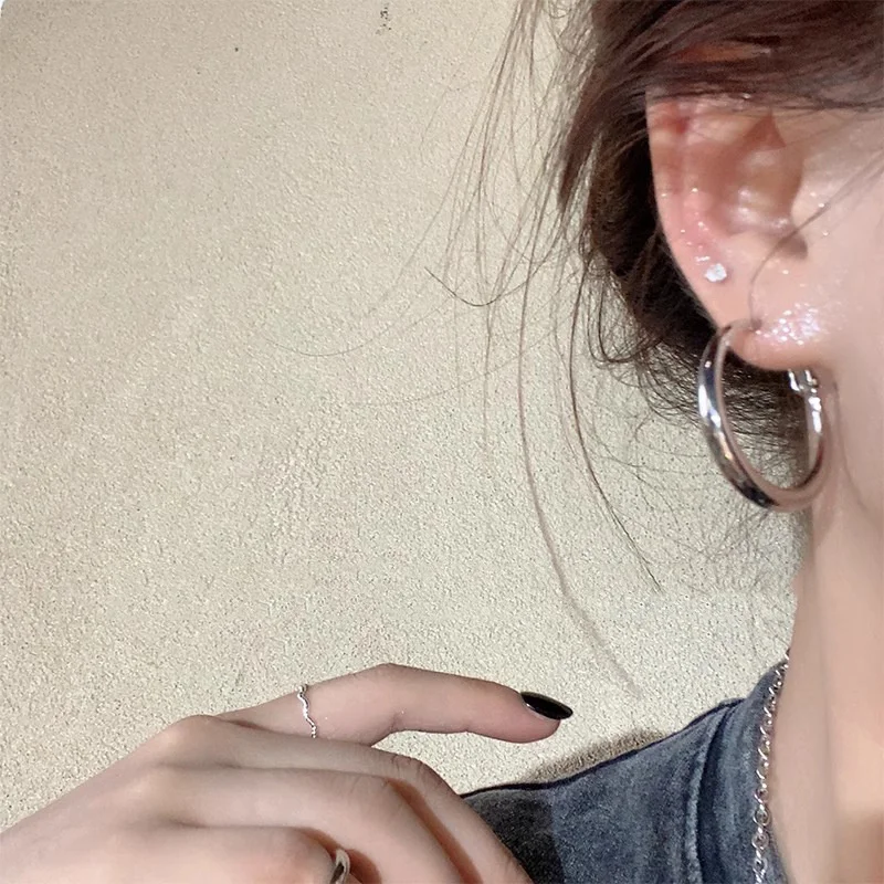 여성용 클래식 심플한 기하학적 원형 큰 스테인레스 스틸 후프 귀걸이, 과장된 원형 신부 귀걸이, 쥬얼리 액세서리