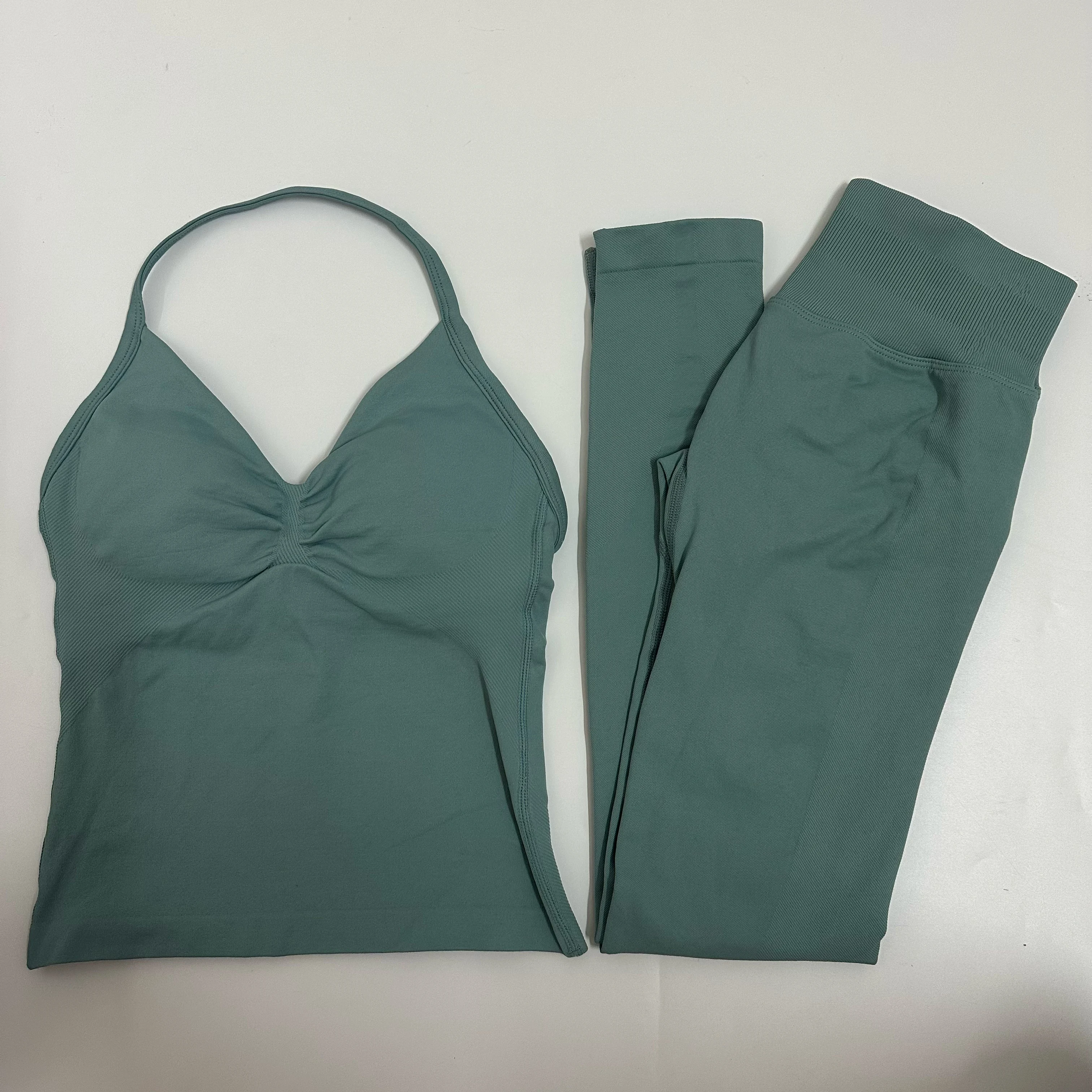 노로고 2피스 세트 요가 레깅스 세트 여성 백리스 탱크탑 하이웨이스트 스크런치 짐 슈트 피트니스 의류 아웃핏 요가 세트